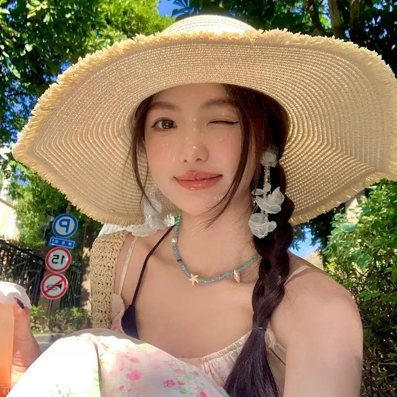 2025 n solar powered fan hat ew straw female lace bow summer large brim sunscreen sun beach sun sun fashion  trucker hats women fitted hats bonnet blue ti hats beret store one  piece  fake  straw  hat custom fedoras