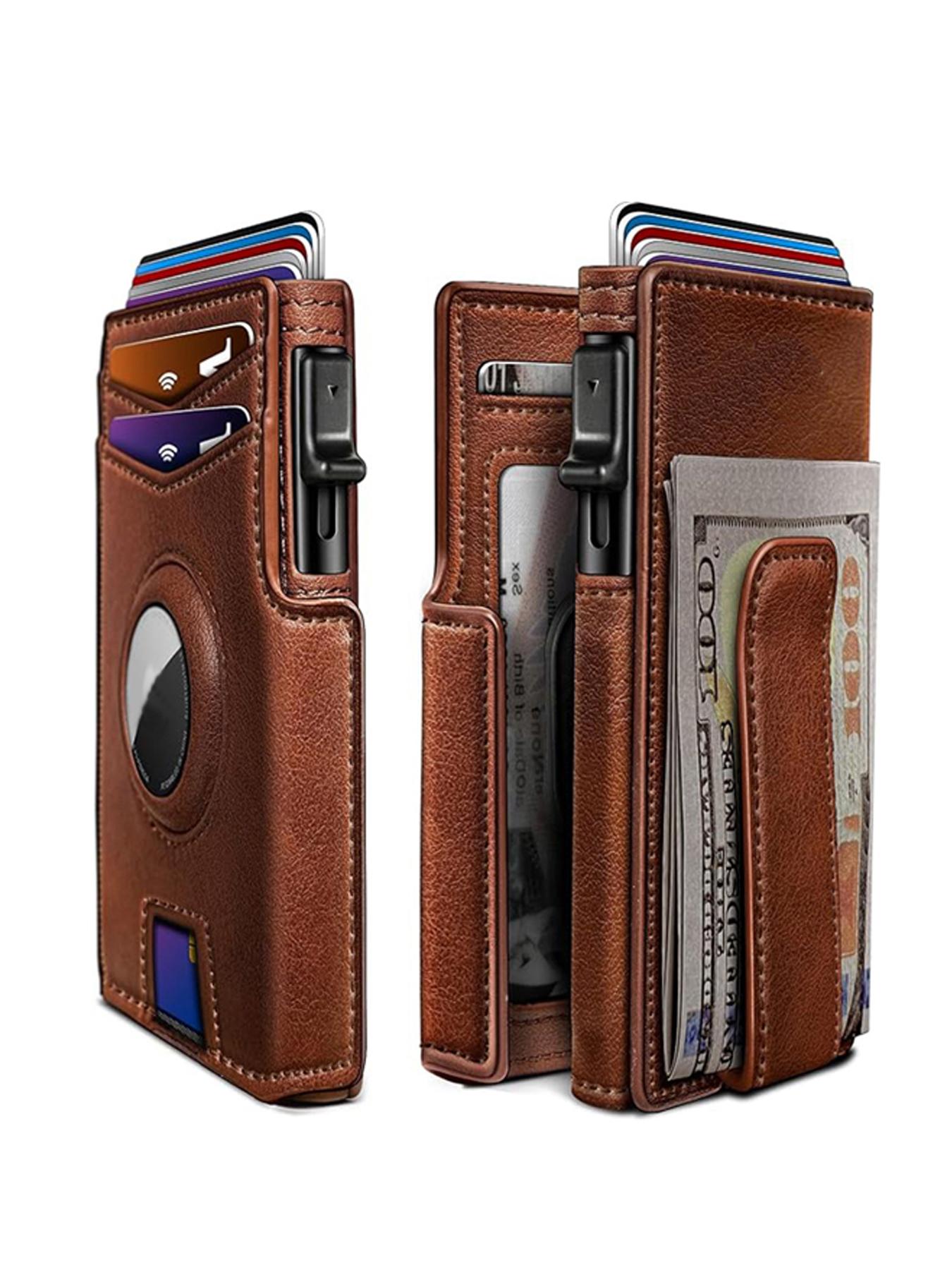 Men's Small Wallet Metal Automatic Card Holder ID Case Rfid Anti-Theft Credit Card Clip Airtag Compatible Lost Prevention Purse