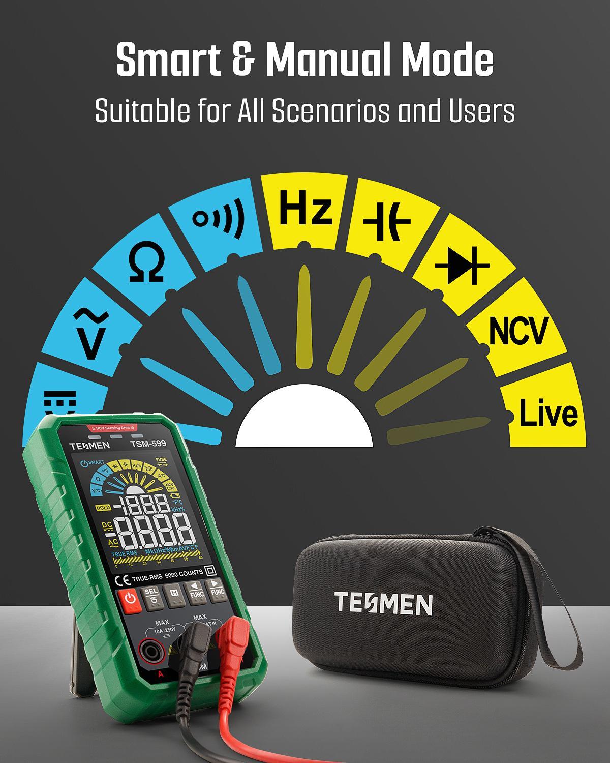 TESMEN TSM-599 Smart Multimeter, 6000 Counts, DC/AC Voltage & Current, Non-Contact Voltage Detection, Measures Resistance, Continuity, Capacitance, Frequency, Temperature, and Live Wire Testing