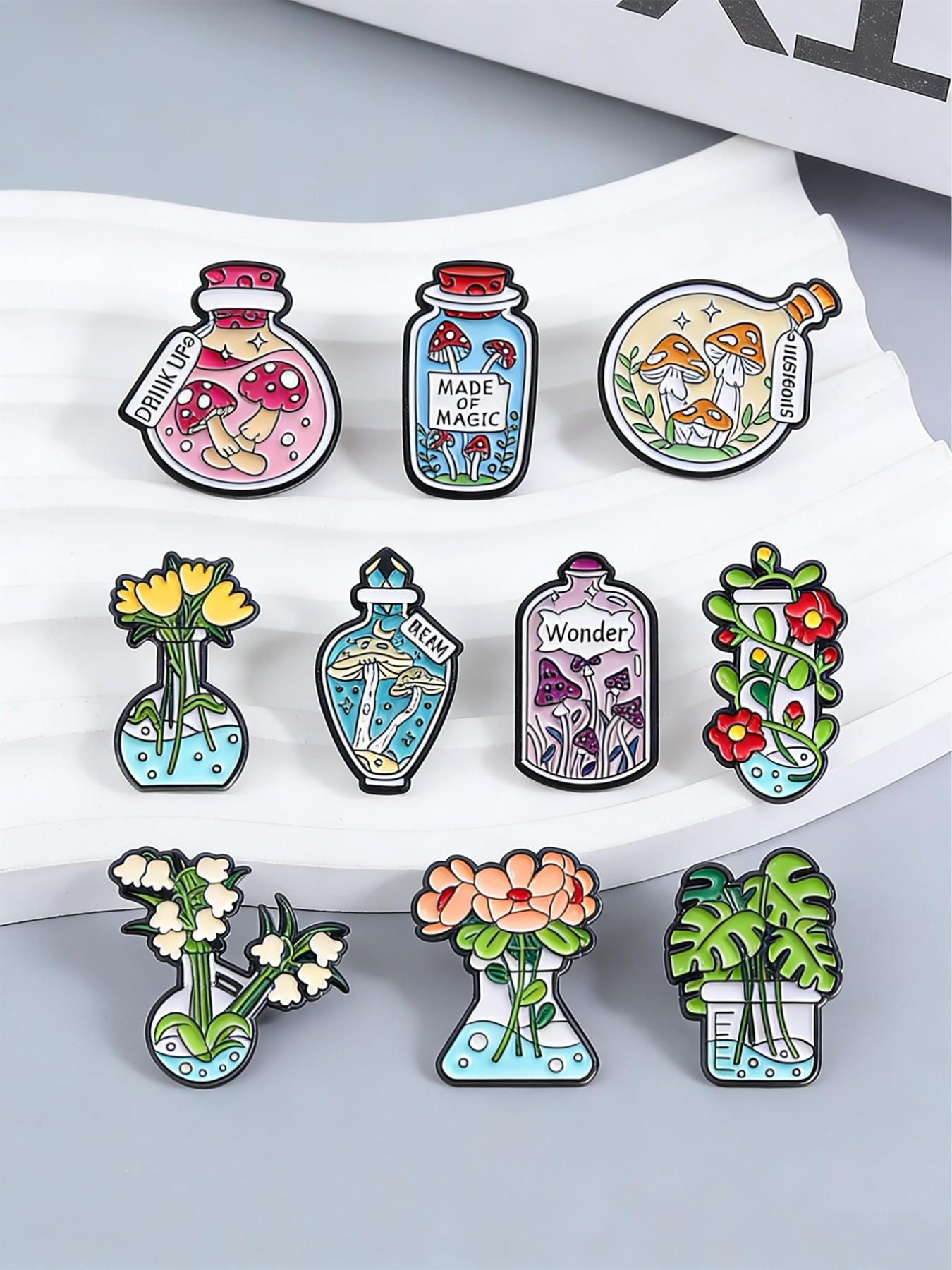10Pcs Fantasy Magic Plant Bottle Brooch Set, Mushroom Flask & Floral Beaker Design, Fashion Clothing Accessory, Unisex Daily Wear Gift