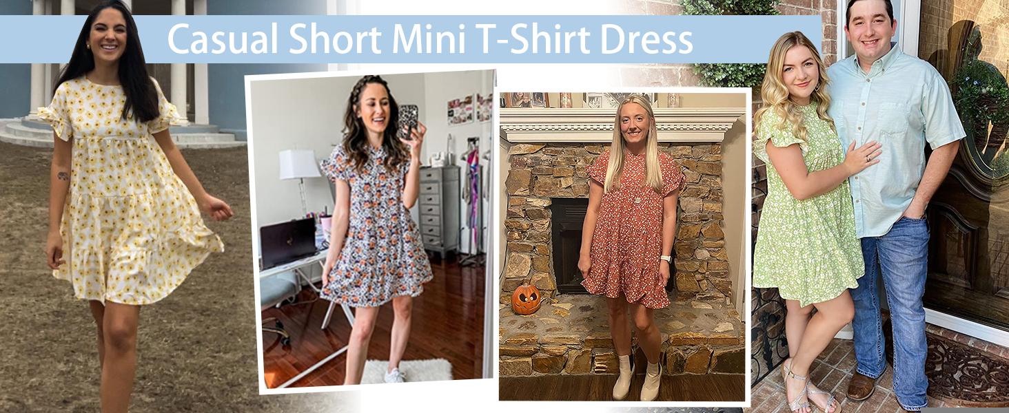 Wenrine Women's Ruffles Boho Floral Printed Babydoll Loose Swing Casual Short Mini T-Shirt Dress Summer Soft