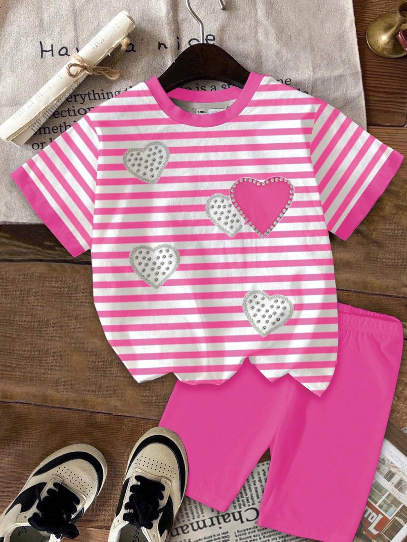 Girls' 2-Piece Set Summer, Striped Heart Print T-Shirt & Shorts, Casual Everyday Wear, Perfect for Parties & Holidays