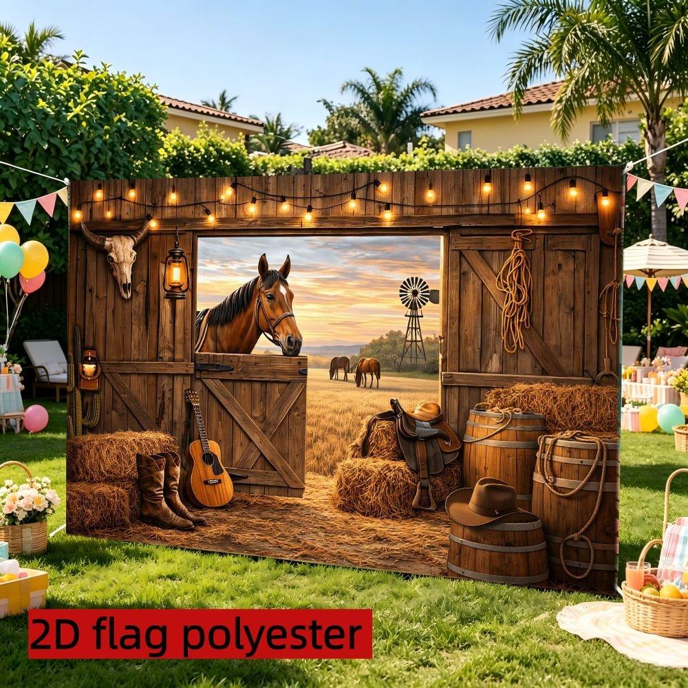 2D 1pc Western cowboy barn wall backdrop fabric, Decor, retro ranch, wooden barn door, sunset grassland, horse, cowboy boots, guitar and string light elements, suitable for western theme parties, multiple sizes available