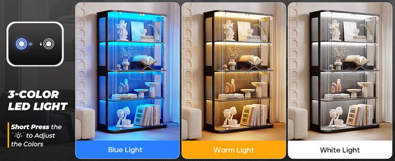 BROTTAR Large Display Cabinet with Glass Door, 4-Tier Curio Cabinet with 3 Color Lights for Collectibles, Glass Display Case with Transparent Full-Display Surface, Human Body Sensor, Black/White
