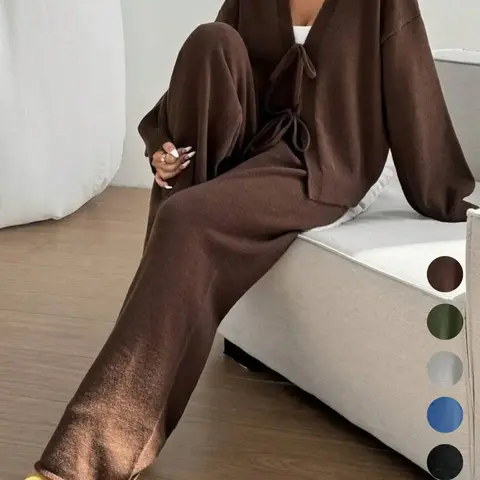 Women's 2 Pcs Tie Front Cardigan Sweater Set, Solid Long Sleeve V Neck Cardigan Sweater & Pants Two-piece Set, Casual Fashion Cozy Knitwear Set for Daily Outdoor Wear, Women Knitwear for Fall & Winter, Women Fall Loungewear set, Outfit