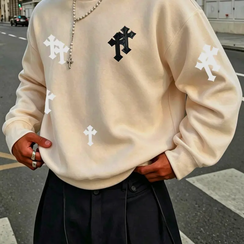 Cross Print Long Sleeve Hoodie, Soft Comfortable Fabric, Casual Street Style, Fall Winter Essential, Unisex, Five Sizes Available