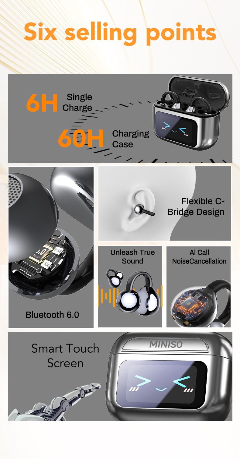 MINISO MS201 Clip-on Wireless Earbuds,Full Color Display Touch, Bluetooth 6.0, Suitable for Sports, Running and Work, Stereo HIFI Sound Earphones,Gaming Headsets Built-in Microphone,Open Wearable Stereo