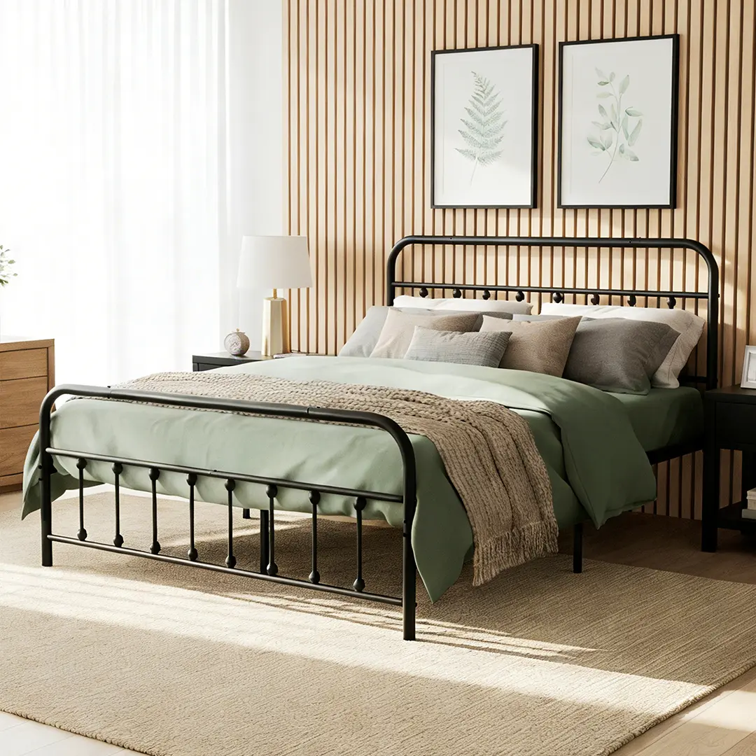 Queen Size Full Metal Bed Frame with Victorian Iron-Art Headboard, Victorian Style Wrought Iron-Art Headboard/Footboard, Easy Assembly, Under Bed Storage, No Box Spring Required,Black