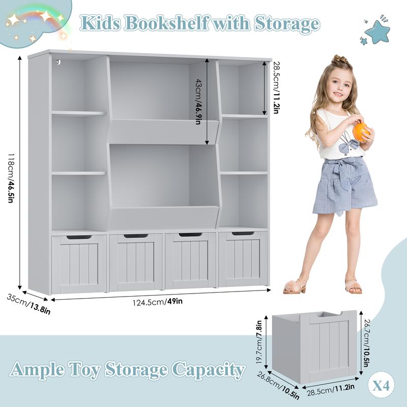 FOTOSOK Toy Storage Organizer with  8 Storage Cubbies and 2 Movable Drawers, Toy Organizer with Hidden Wheels and 3-Tier Kids Bookshelf, Multifunctional Floor Storage Chest for Playroom