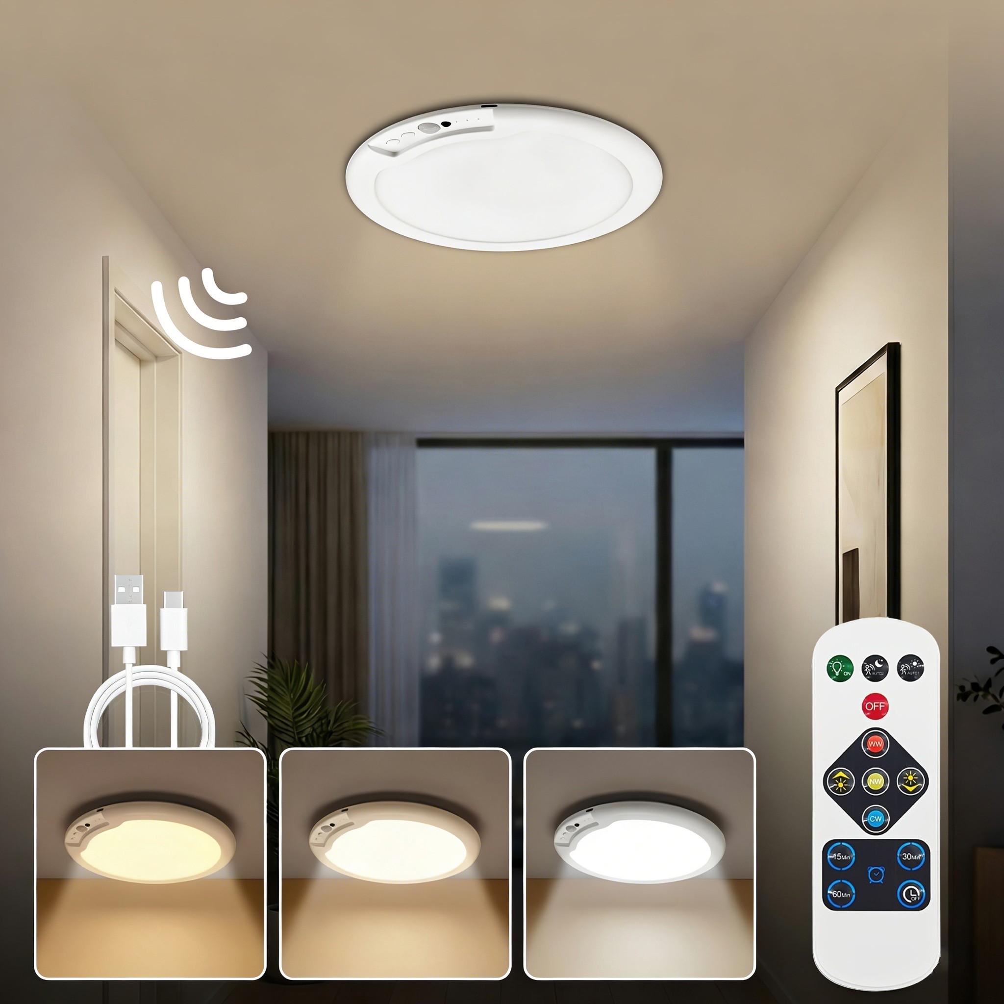 Rechargeable Motion Sensor Ceiling Light with Remote Control, Modern Night Lights - Magnetic Design Wireless Ceiling Light Powered by batteries for Closet, Shower, Stairs, Hallway, Porch, Patio, etc., versatile usage, easy to install