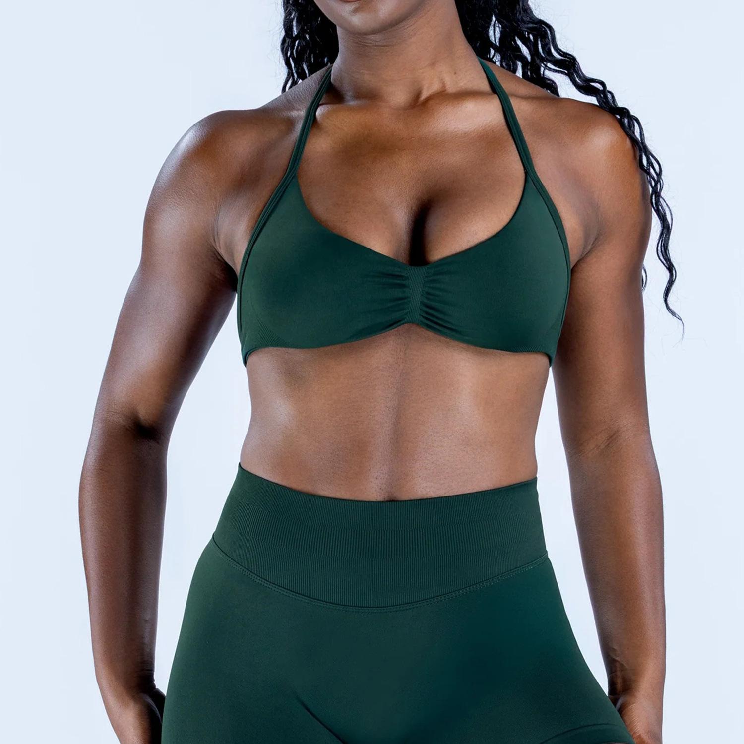 DFYNE halter neck bra with backless design and hip-lifting shorts are highly elastic and won't dig into your skin. They're versatile enough for both workouts and everyday wear.