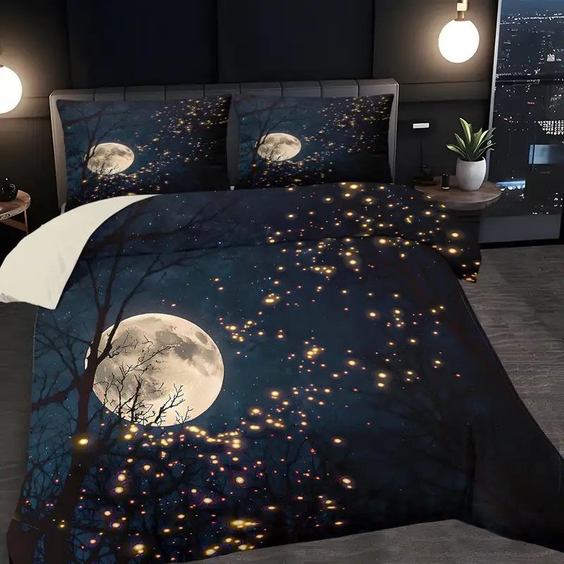 3-piece set of starry sky and moonlit bedding made of polyester material with digital printing, machine washable polyester material, bedroom and guest room, birthday gift (including 1 down duvet cover and 2 pillowcases, no core)