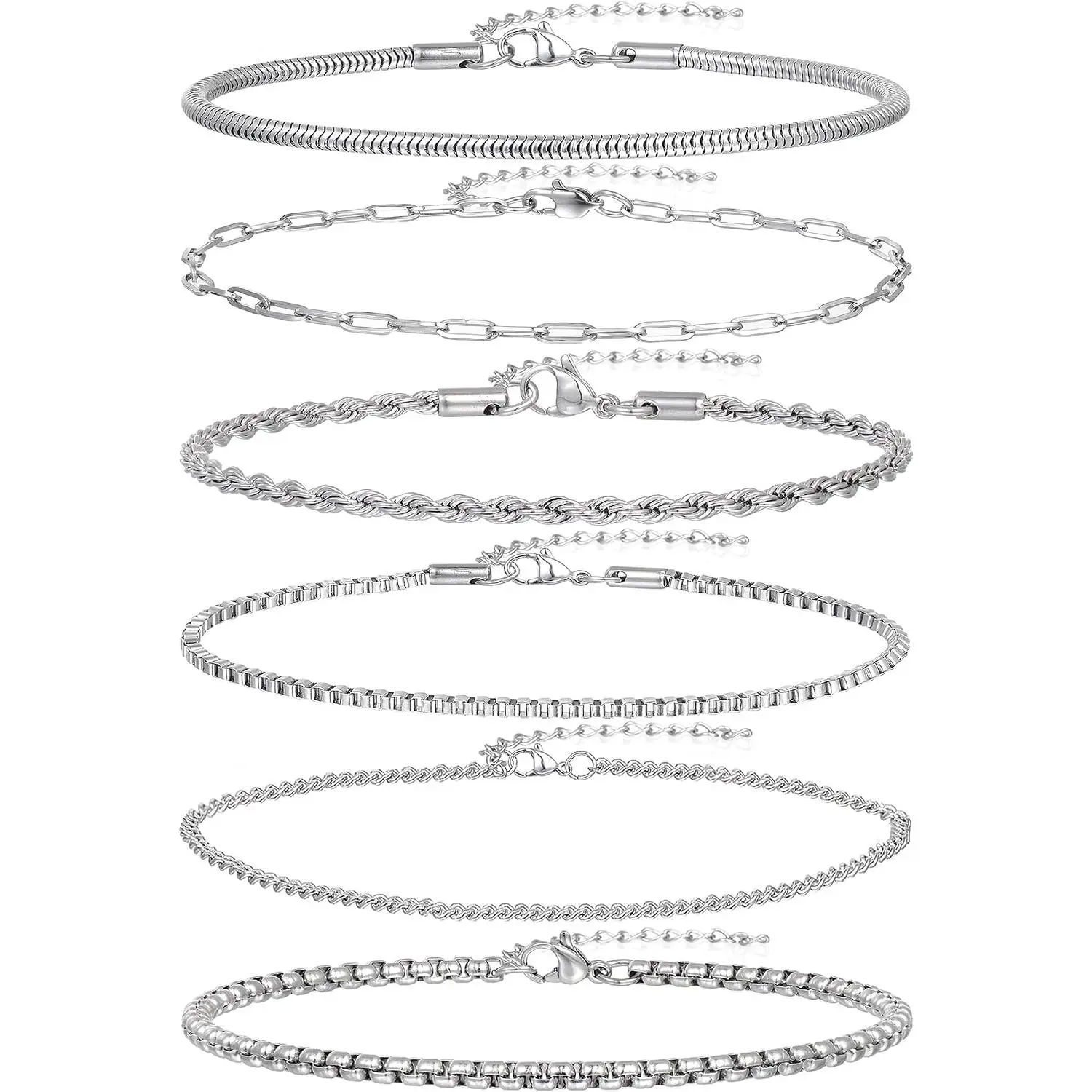 6 count Stainless Steel Chain Bracelets for Men Women 2mm Cuban Snake Twists Rope Box Beads Paperclip Link Chain Bracelet Sets  Gifts 7 Inches Length Adjustable