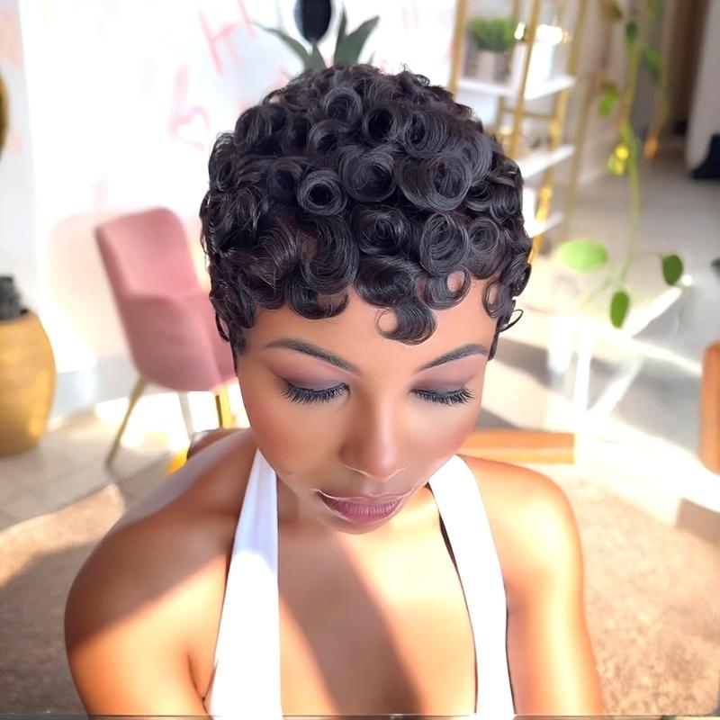 Short Curly Human Hair Wig Pixie Cut Wigs for Black Women Short Layered Curly Pixie Cut Wigs With Bangs Natural Black Color for Daily Use Glueless Full Machine Made Wig Short Curly Human Hair Wig Pixie Cut Wigs for Black Women Short Layered Curly Pixie Cut Wigs With Bangs Natural Black Color for Daily Use Glueless Full Machine Made Wig
