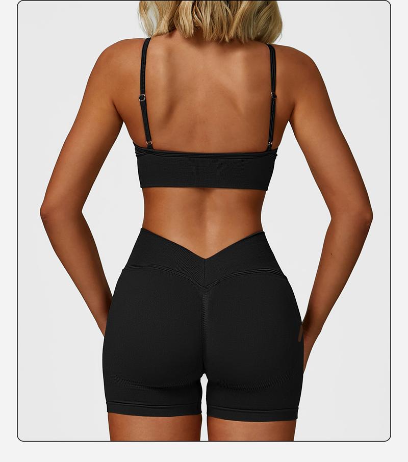 Women's 2 Piece Seamless Yoga Workout Set High Waisted Shorts Sports Bra for Exercise Athletic Breathable Lightweight Compression Activewear Pilates Gym Outfit with Hollow Square Back and Curved Rear Hip