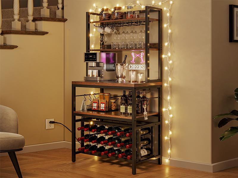 Yitahome Kitchen Microwave Bakers Stand with Wine Rack, Wine Rack Freestanding Floor, Small Storage Shelves for Liquor Bottle Glasses Power Outlet Farmhouse Coffee Bar 31/35 Inch