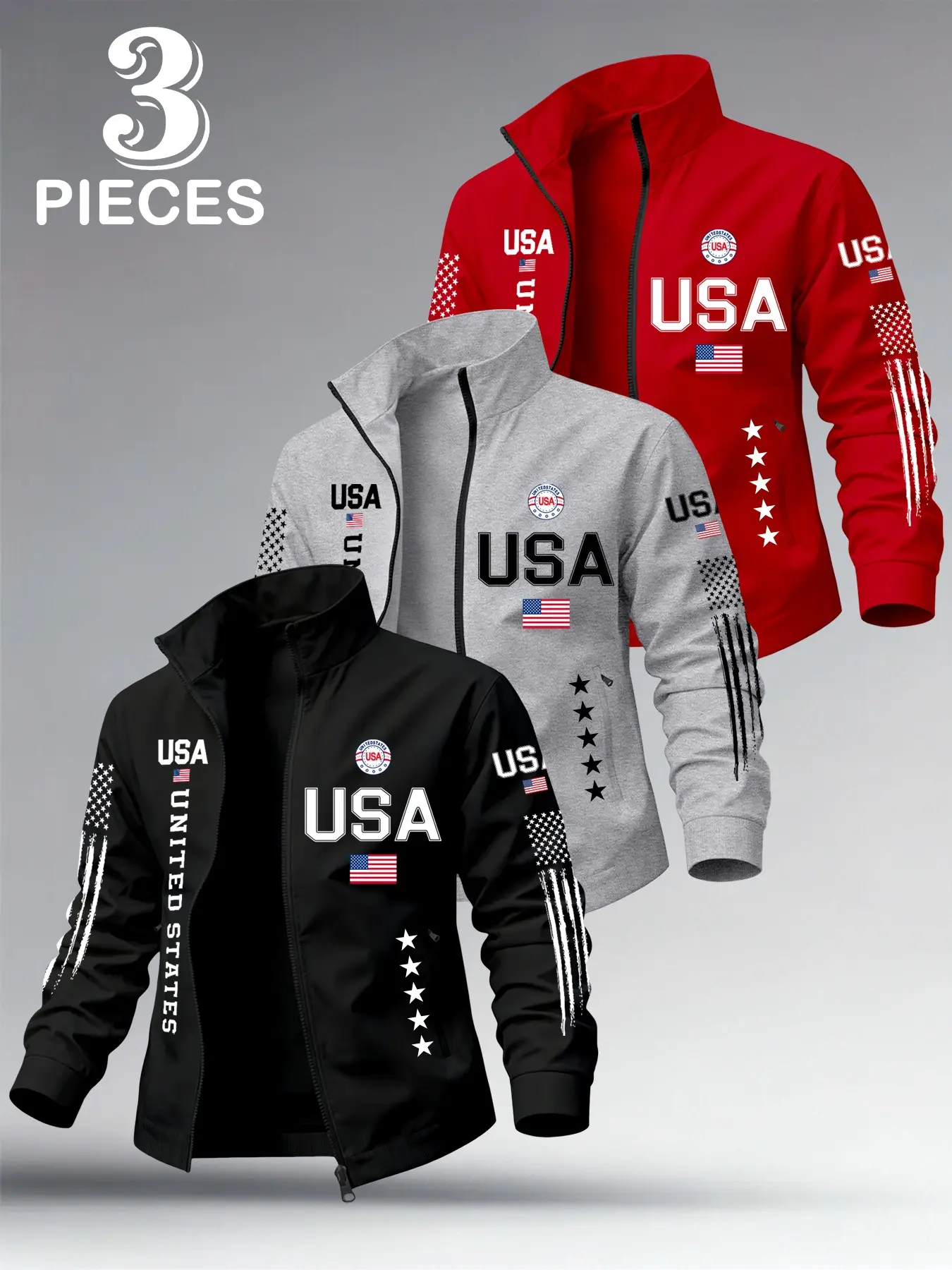 Men's Usa Flag Print Lapel Jacket, Long Sleeve Spring Fall Lightweight Zipper Open Front, Daily Sporty Casual Comfortable Outerwear, 1+3 Pieces Set