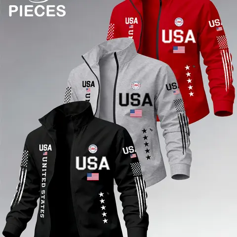Men's Usa Flag Print Lapel Jacket, Long Sleeve Spring Fall Lightweight Zipper Open Front, Daily Sporty Casual Comfortable Outerwear, 1+3 Pieces Set