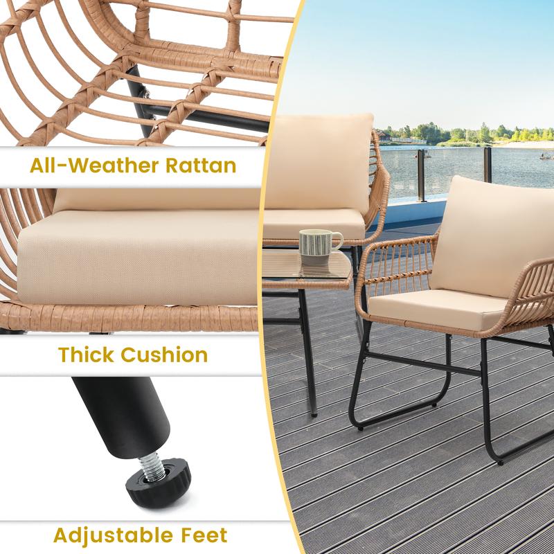 4 Piece Patio Bistro Outdoor Furniture Set, Wicker Sofa, 2 Rattan Chairs, and Table, Backyard Conversation Set, All Weather Cushions, Natural Rattan Beige Cushion ，outdoor furniture