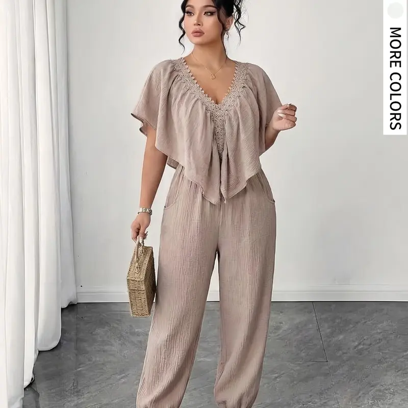 Plus Size Women's Elegant Jumpsuit, Short Sleeve Striped Design, High Waist Loose Fit, Comfortable, Casual and Stylish for Daily Wear