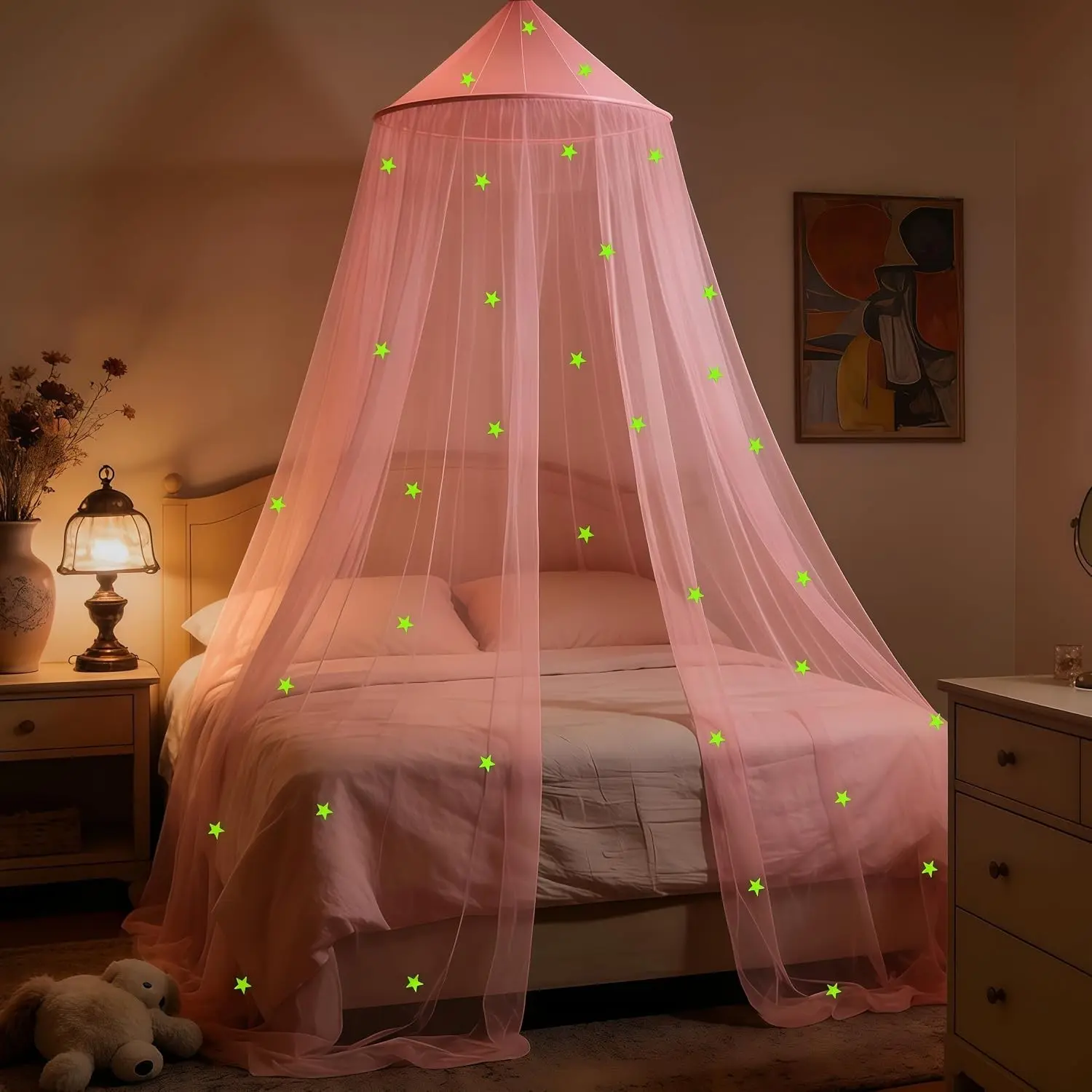 Girls' Princess Bed Canopy with Glow-in-the-Dark Stars, Pink Round Dome Mosquito Net for Single, Twin, Full, Queen BedsGift