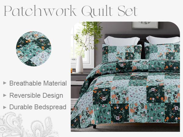 Exclusivo Mezcla Reversible Boho Quilt Set, 3 Pieces Plaid Patchwork All Season Bedspreads, Ultra Soft Floral Coverlet Bedding Set with Printed Pattern (1 Quilt, 2 Pillow Shams) Exclusivo Mezcla Reversible Boho Quilt Set, 3 Pieces Plaid Patchwork All Season Bedspreads, Ultra Soft Floral Coverlet Bedding Set with Printed Pattern (1 Quilt, 2 Pillow Shams)