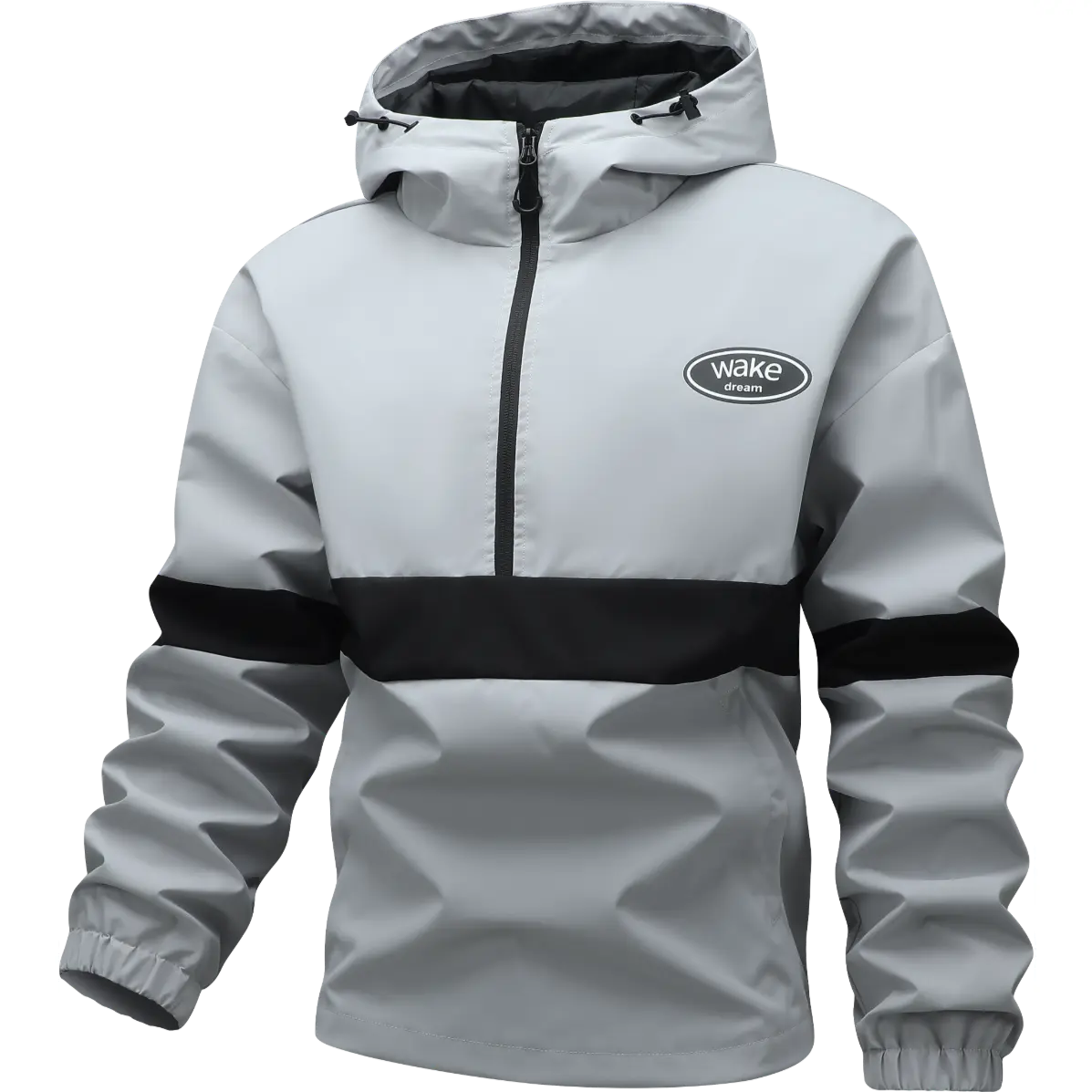 Men's Color Block Hooded Half Zip Pullover Windbreaker Jacket Oval Letter Graphic Stripe Outerwear Coat Fall Daily Apparel Clothes Wears Outfits Style cozy soft cool clean chic premium classic stylish Multi Color