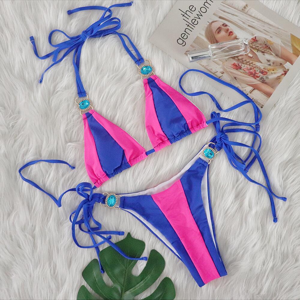 Women's Pink Mint Color Block Halter Bikini Two Piece Swimsuit, Triangle Top With Emerald Rhinestone Metal Hardware, Side Tie String Bikini Bottom, Contrast Color Tropical Beach Bathing Suit for Summer Vacation Pool