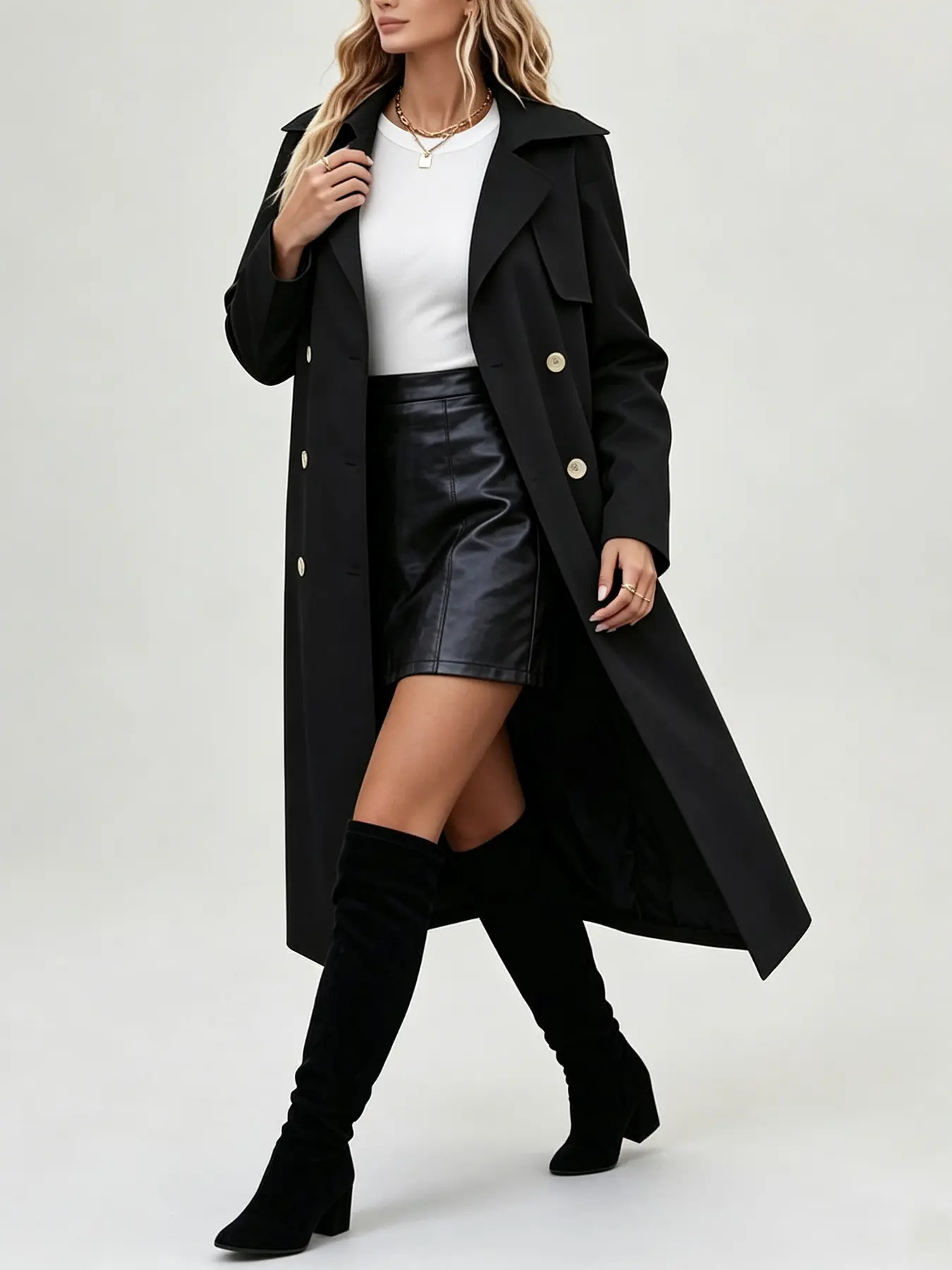 A women's chic fashionable autumn and winter new light luxury commuting style black knee length trench coat, with a lapel and double breasted design, suitable for workplace commuting, urban street photography, banquets, dates, and travel.
