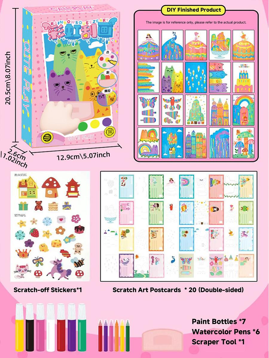 Rainbow Squeeze Art Kit - Creative Scratch & Color Art Set for Kids with 20 Drawing Papers 7 Acrylic Paints 6 Watercolor Pens 1 Sticker Sheet & Squeegee Board Perfect for DIY Art & Gifts