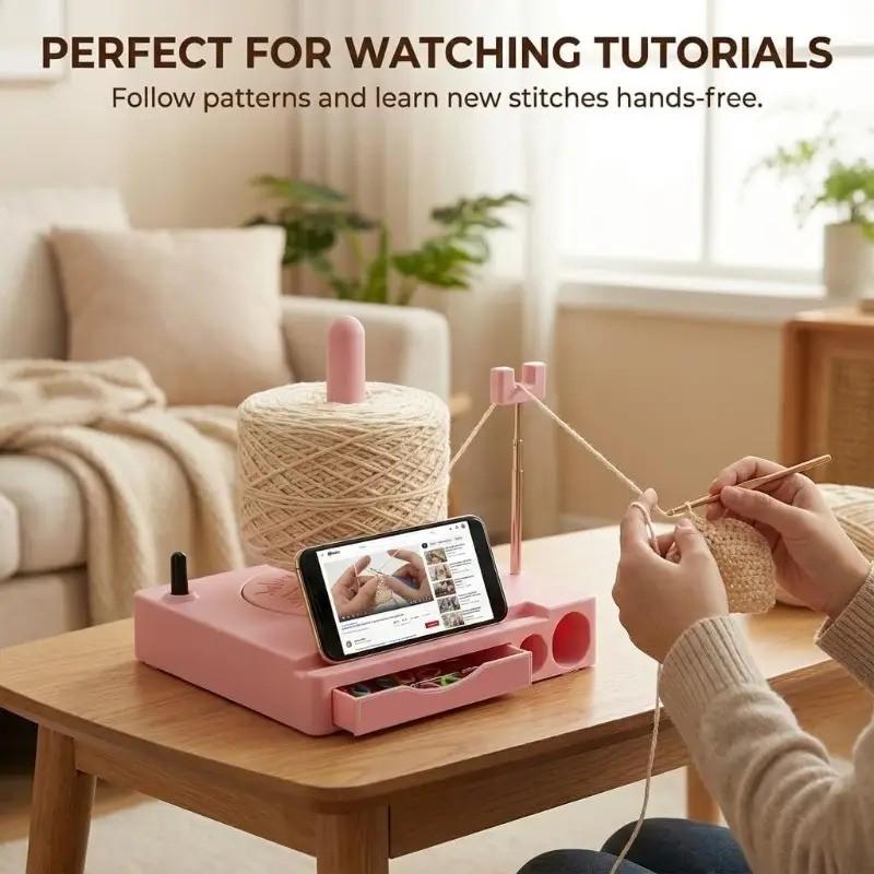 Multifunctional Portable Yarn Holder Spinning Machine, Phone Stand for Tutorial Viewing, Detachable Bobbin Box, Hook Needle Organizer