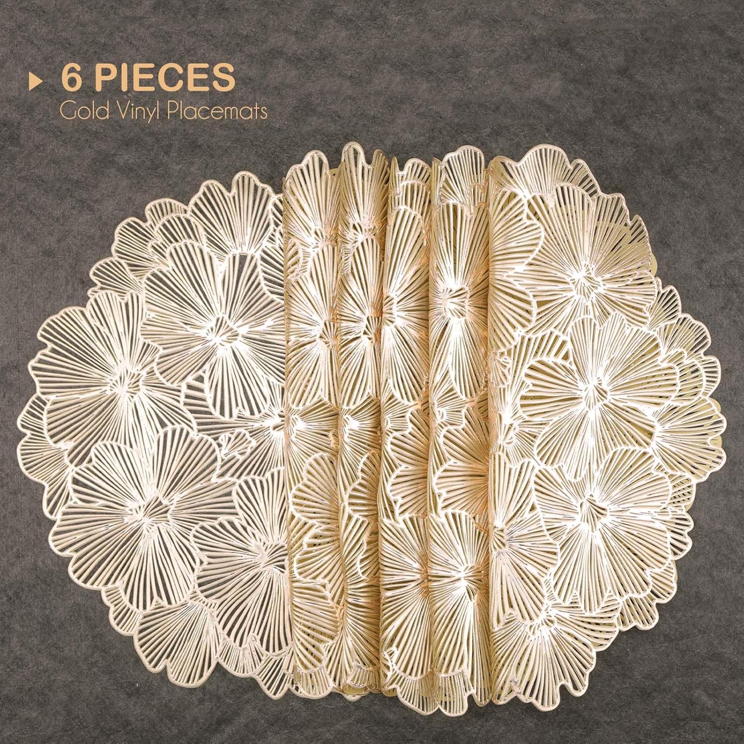 Metallic Golden Vinyl Placemats Set of 6 Hollow Out Placemats Heat-Resistant Place mats Shining Table Mat 15 inches Decorative (Golden ,6pcs) Metallic Golden Vinyl Placemats Set of 6 Hollow Out Placemats Heat-Resistant Place mats Shining Table Mat 15 inches Decorative (Golden ,6pcs)