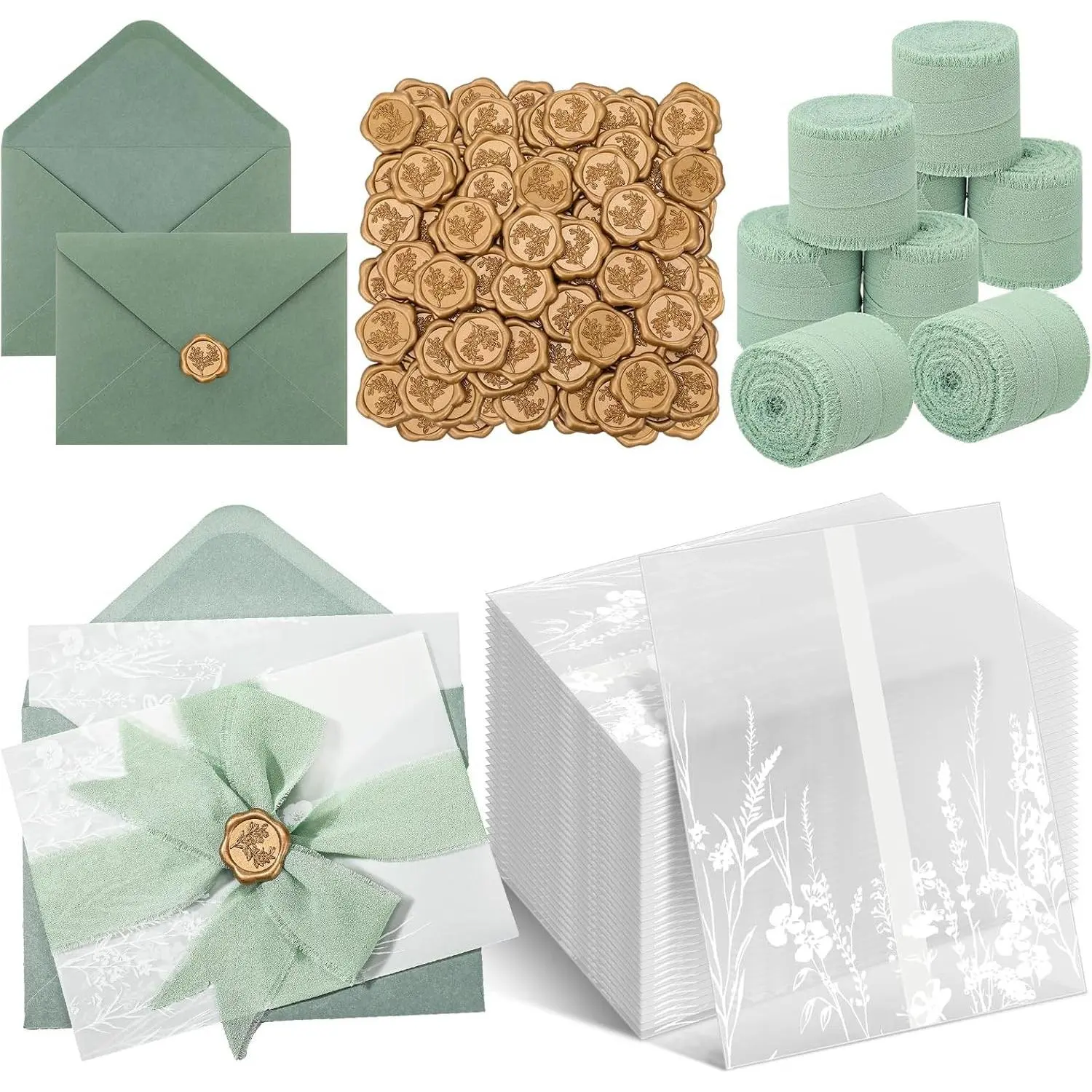 100 Set Wedding Invitation Wrap Set, Sage Green | Wedding Invite Accessories Kit, Floral Vellum Jacket for 5x7 Invitations, Wedding Envelopes, Wax Seal Sticker, Chiffon Ribbon