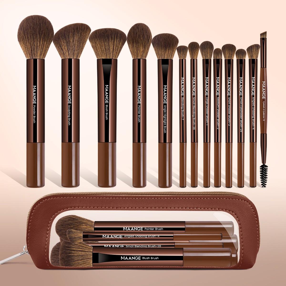 Maange 14-Piece Makeup Tool Set, Includes 13 Brushes + Brush Case, Foundation Brush, Blush Brush, Loose Powder Brush, Eyeshadow Brush, Mascara Brush, Highlighter Brush