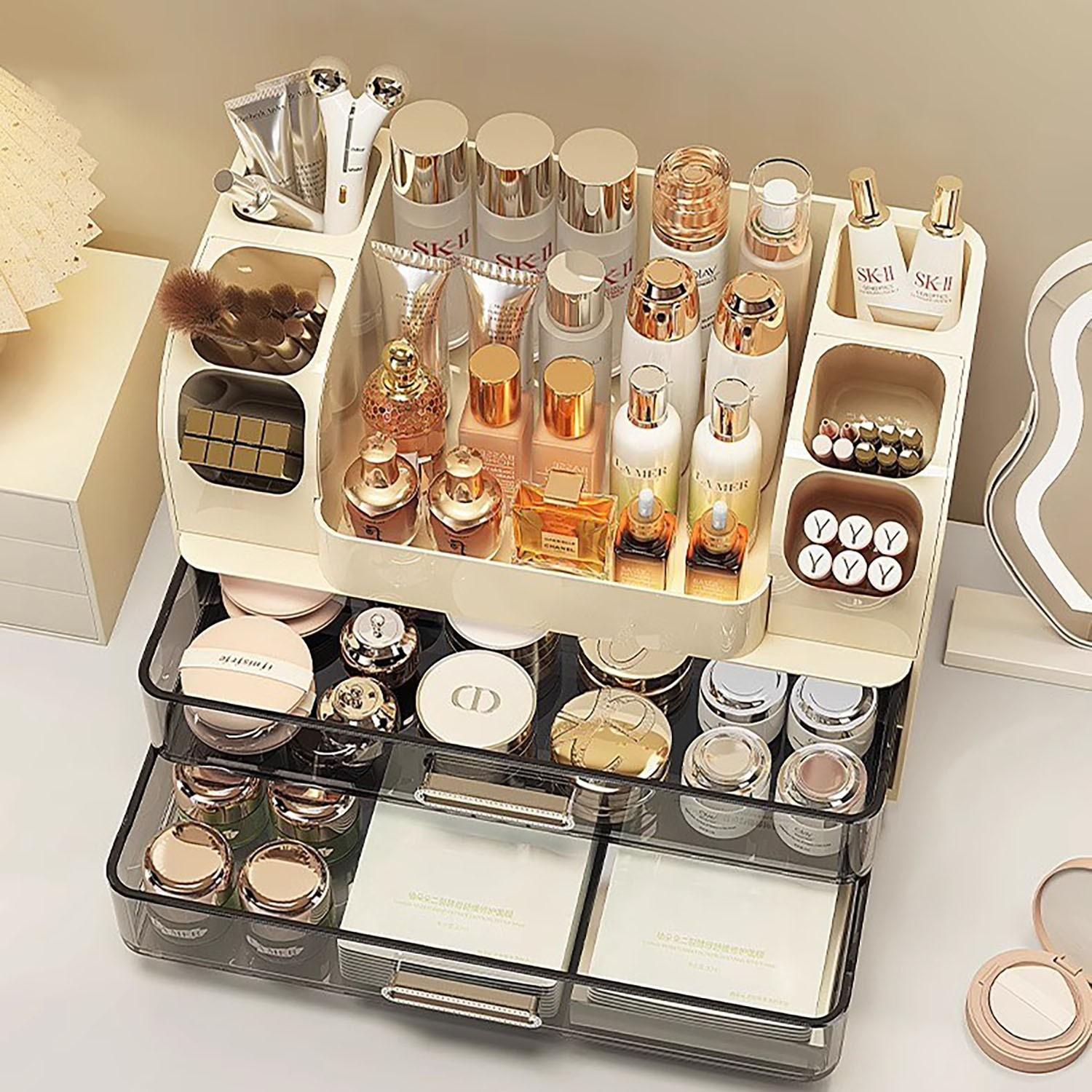 Large Capacity Makeup Organizer Box, Multifunctional Storage for Brushes, Lipsticks, Eyebrow Pencils, and Mirror, Perfect for Home and Travel Makeup Organization