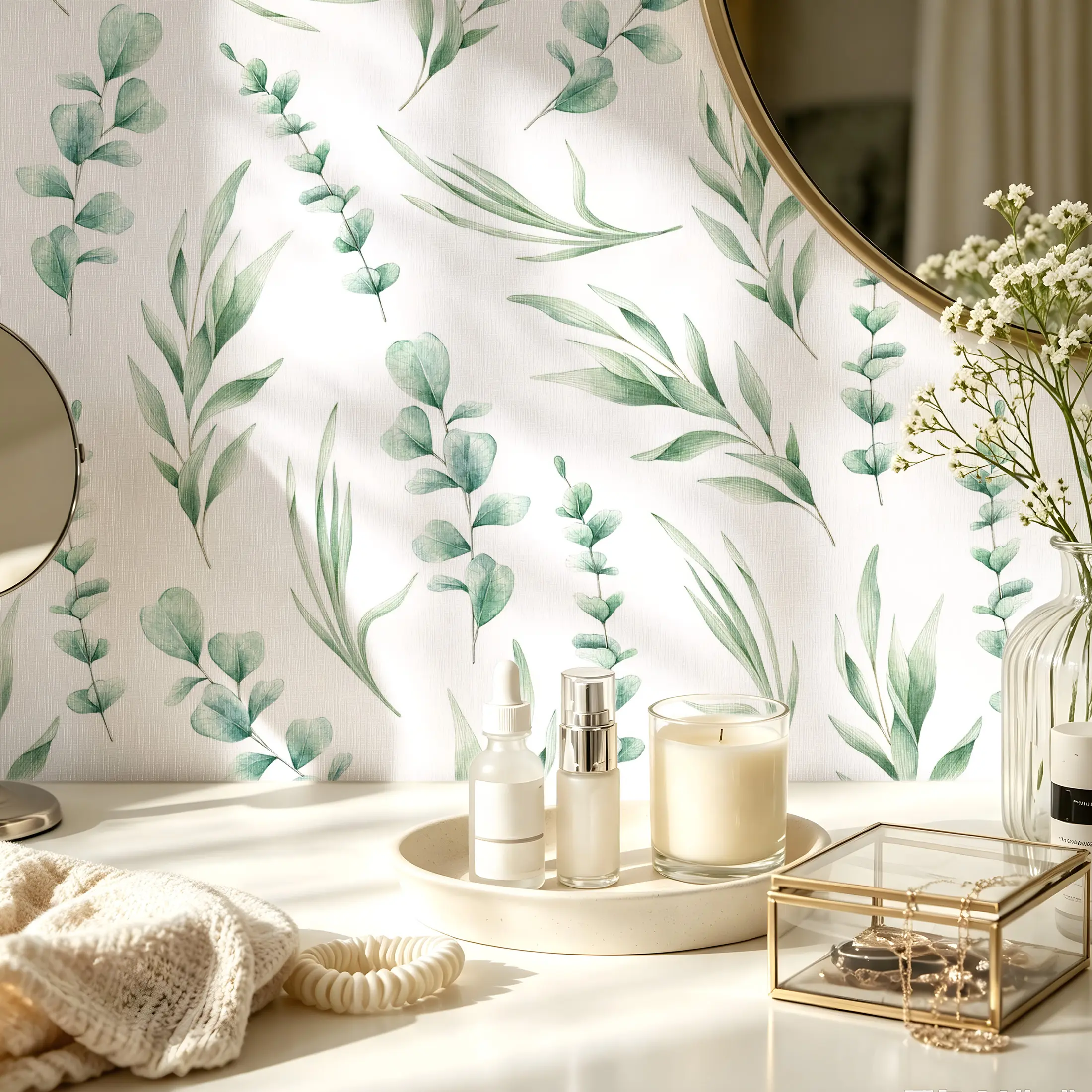 1 Roll Eucalyptus Green Leaves Peel and Stick Wallpaper 44.5cm/17.5in Wide, Waterproof Removable Color Fadeless Vinyl for Bathroom Living Room Decor, Length Options: 1m/2m/3m/5m/10m
