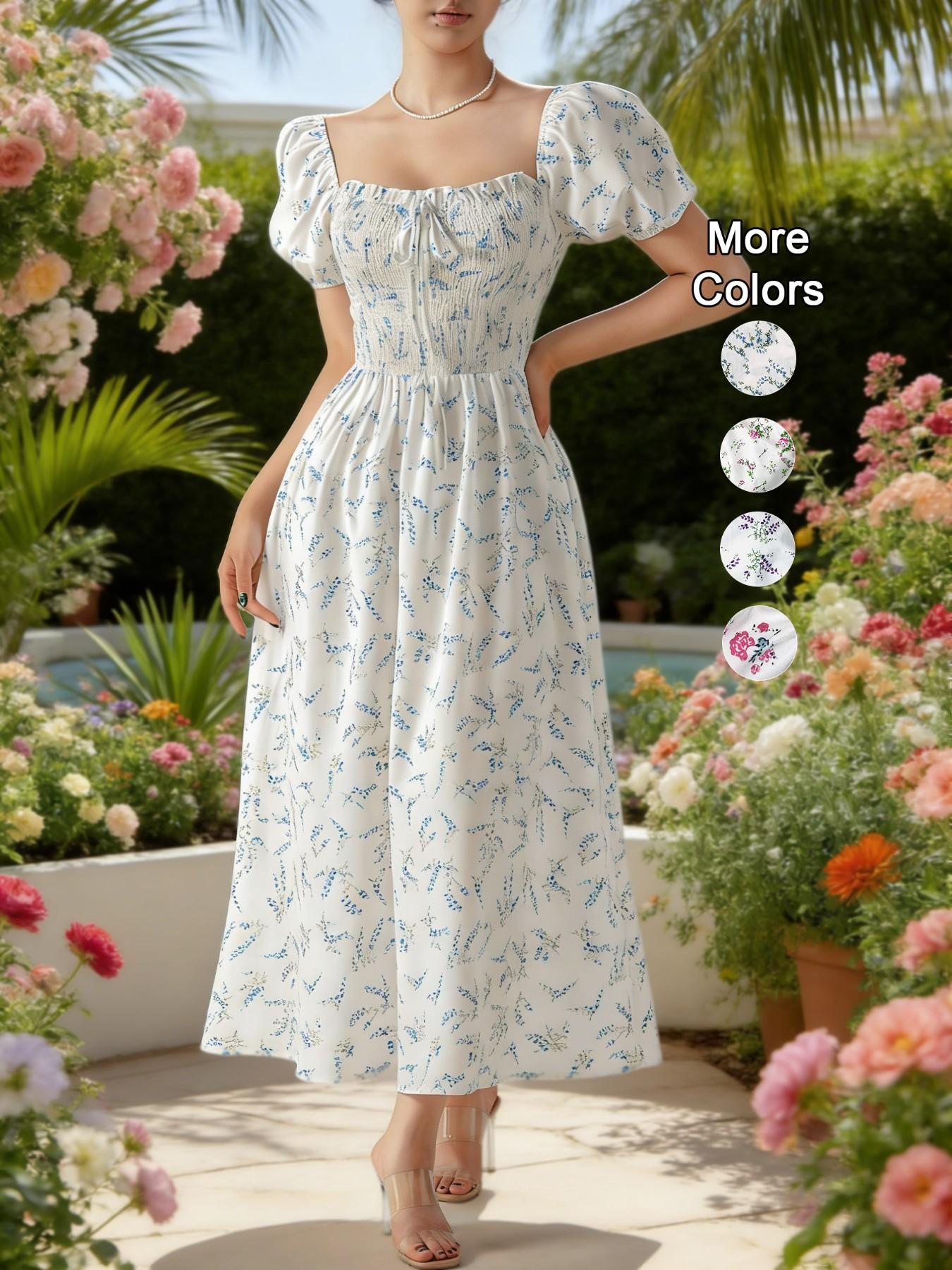 Women's Spring Summer Floral Print Puff Sleeve Dress with Bow Tie, Elegant Fitted Design with Adjustable Square Neck, Long Princess Skirt Womenswear