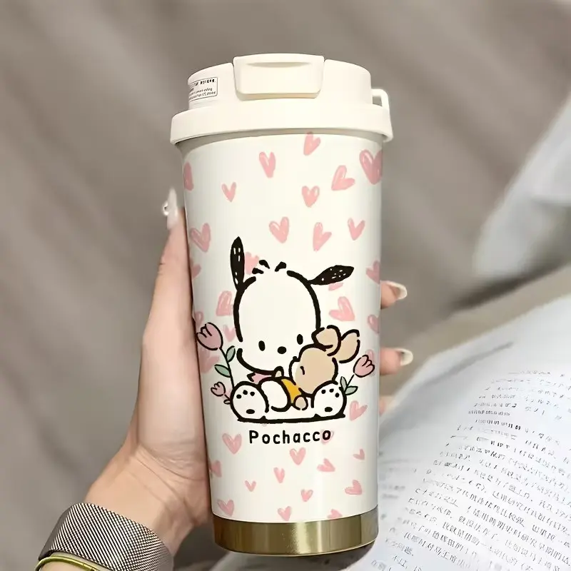 Loving Pacha Dog Sanrio Insulated Cup with Lid and Straw, Cute Cartoon Design, Portable Coffee Tea Juice Cup, Ideal Gift for Family Friends