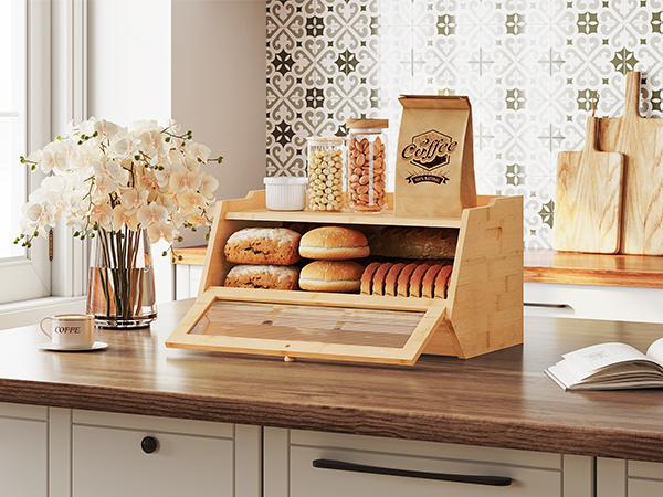 HOOBRO Bread Box, Bamboo Bread Box for Kitchen Countertop, Farmhouse Bread Storage Box with Acrylic Window, Bread Holder with Drop-Down Door, for Food Storage, Natural HOOBRO Bread Box, Bamboo Bread Box for Kitchen Countertop, Farmhouse Bread Storage Box with Acrylic Window, Bread Holder with Drop-Down Door, for Food Storage, Natural