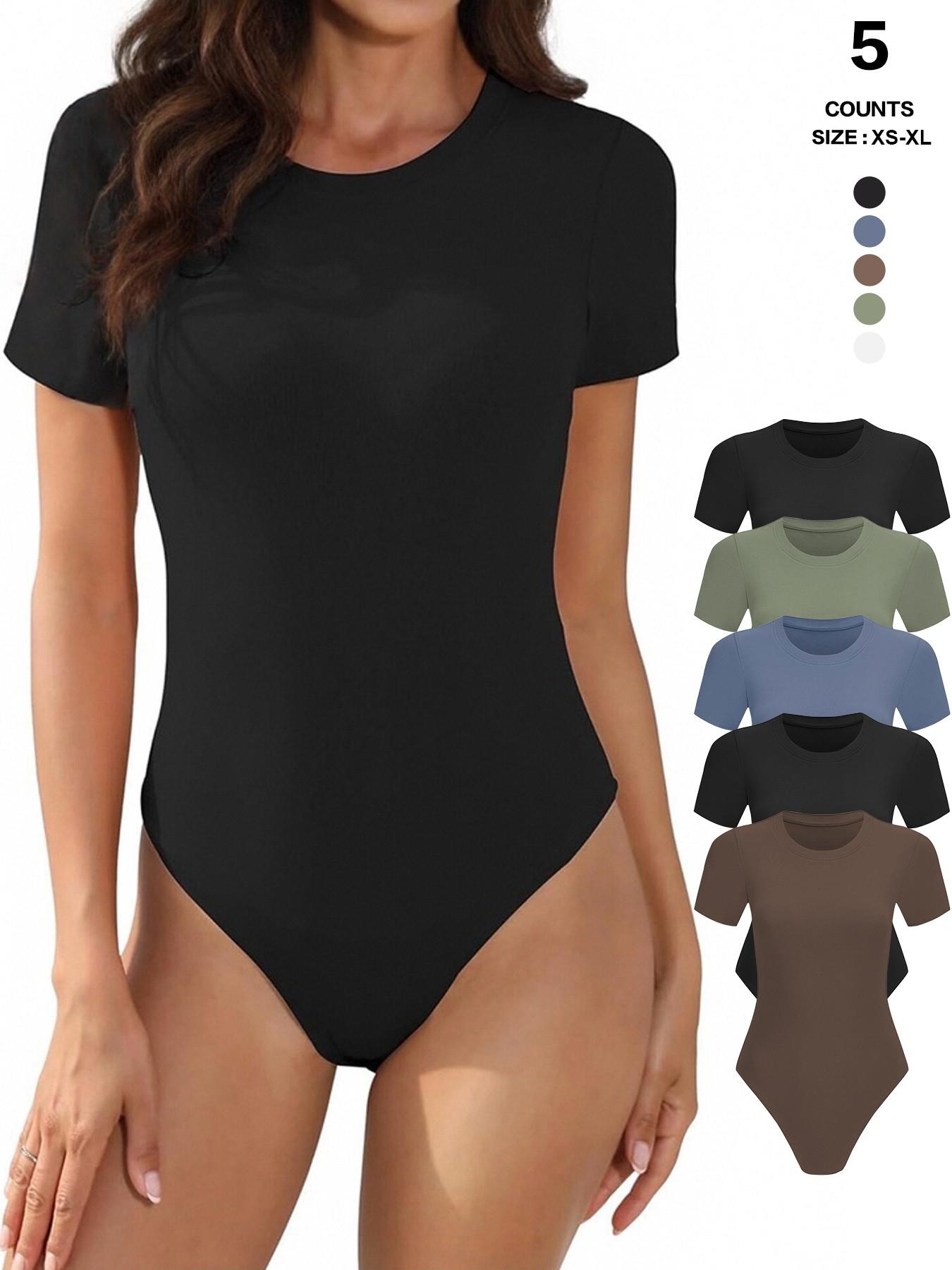 Body Suits for Womens Short Sleeve Round Neck Casual Stretchy Basic T Shirt Bodysuit Tops Underwear
