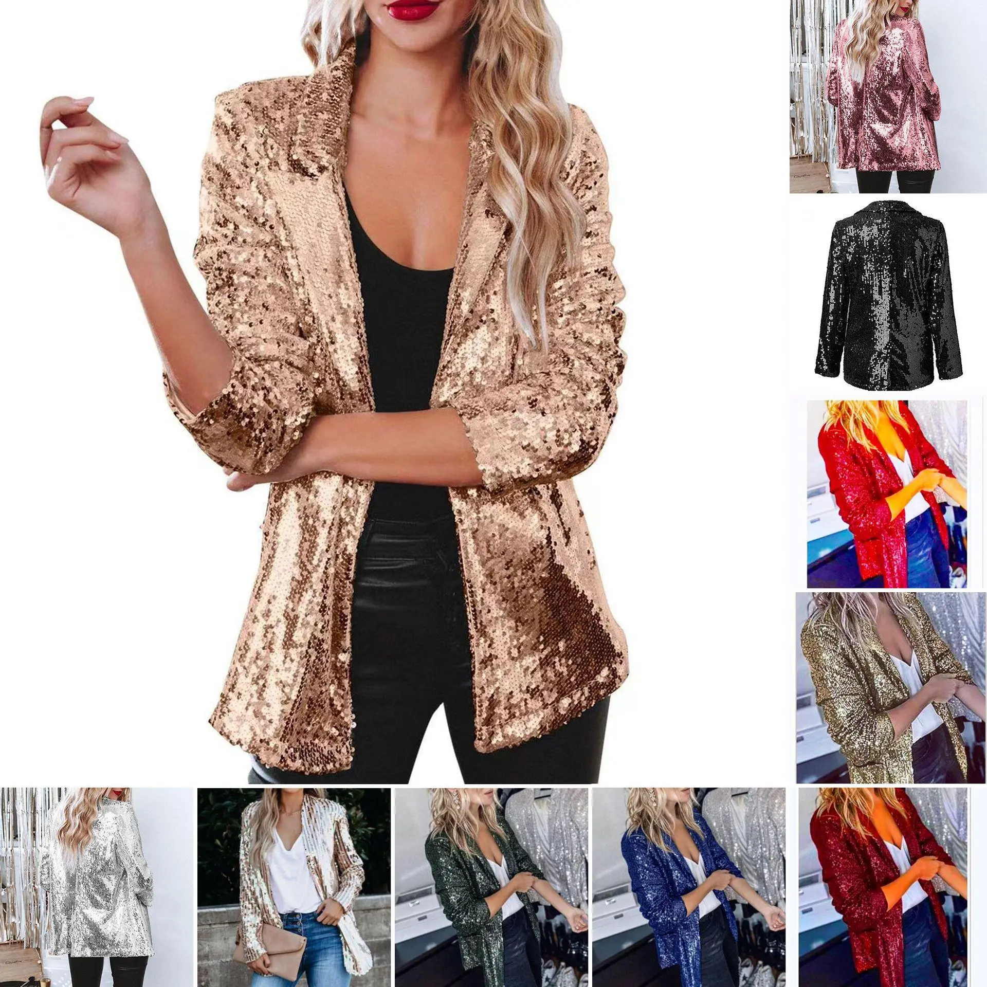 Women's Fitted Statement Sequin Blazer Jacket - Long Sleeve, Open Front, Dressy Evening Festival Outerwear for Special Occasions