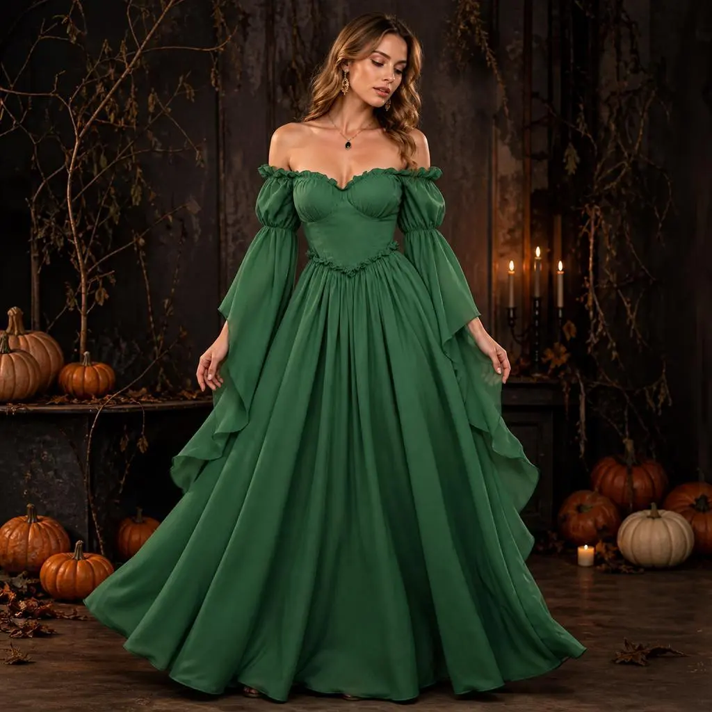 Women's Forest Green Medieval Renaissance Off-Shoulder Maxi Gown - Puff Flared Bell Long Sleeves, Ruffle Floor-Length Vintage Fairy Noble Costume for Halloween Cosplay, Renaissance Fair Parties
