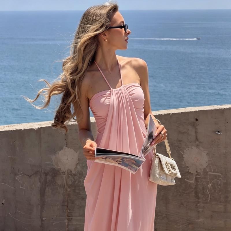 Women's Solid Color Ruched Bodycon Halter Neck Dress, Sexy Sleeveless Strapless Backless Slim Fit Tube Dress, Party Club Date Gown Dress, Elegant Slim Fitting, Casual Daily Maxi Dresses For Ladies Summer