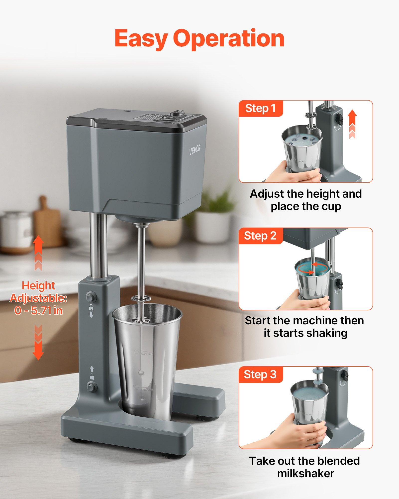 VEVOR Single-Head Stand Mixer - 150W (100 to 1199 W) AC120V Dual-Speed Steel & Plastic Milkshake Maker, 7.56× 7.48×13.78 In/ 192× 190× 350 Mm, 6.83 lbs, Stainless Steel Cup, No-Load Gear 1:17,000 rpm for Home Kitchen, Bar Beverage Shop