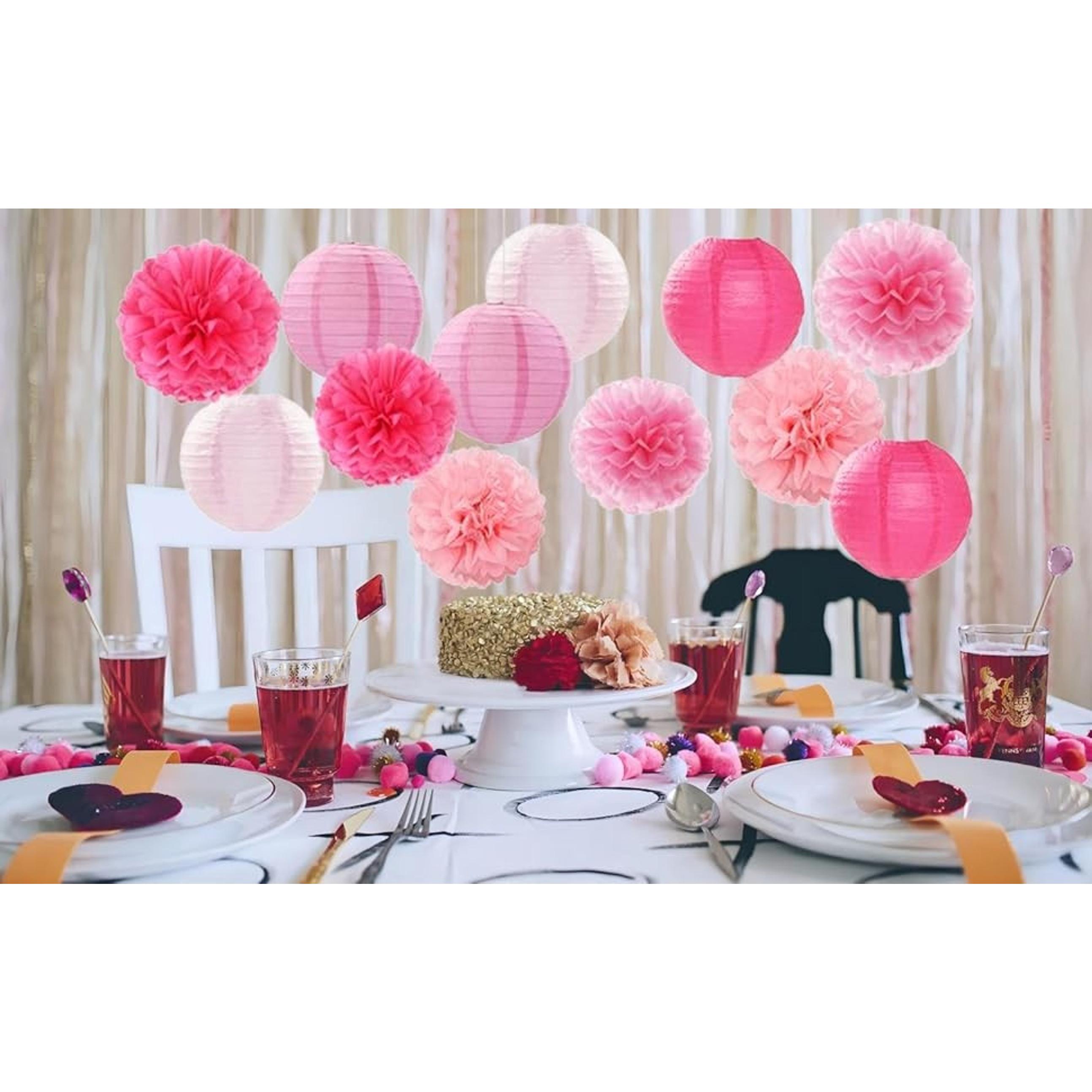 15-Piece Light Hot Pink Party Decor Kit - Paper Flowers, Lanterns, Tissue Pom Poms, Streamers, Photo Backdrop Prop Pack for Girl Birthday, Graduation Hanging Supplies, Colorful