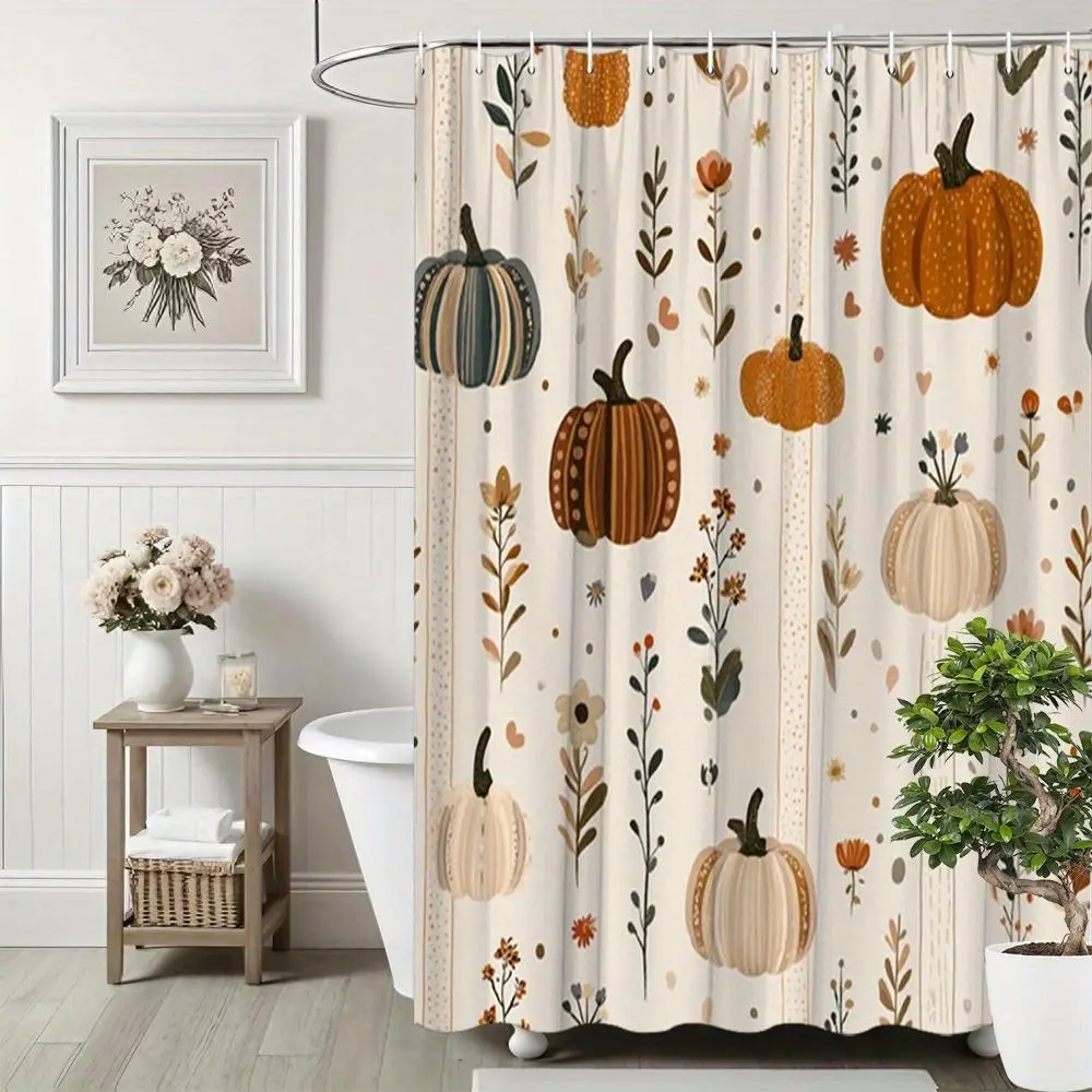 70.8x70.8" Rustic Farmhouse Polyester Shower Curtain, 1Pc Wall-Mount Straight Curtain with 2D Flat Pumpkin & Flower Design, 12 Hooks Included, Waterproof, Washable, All-Season Bathroom Decor