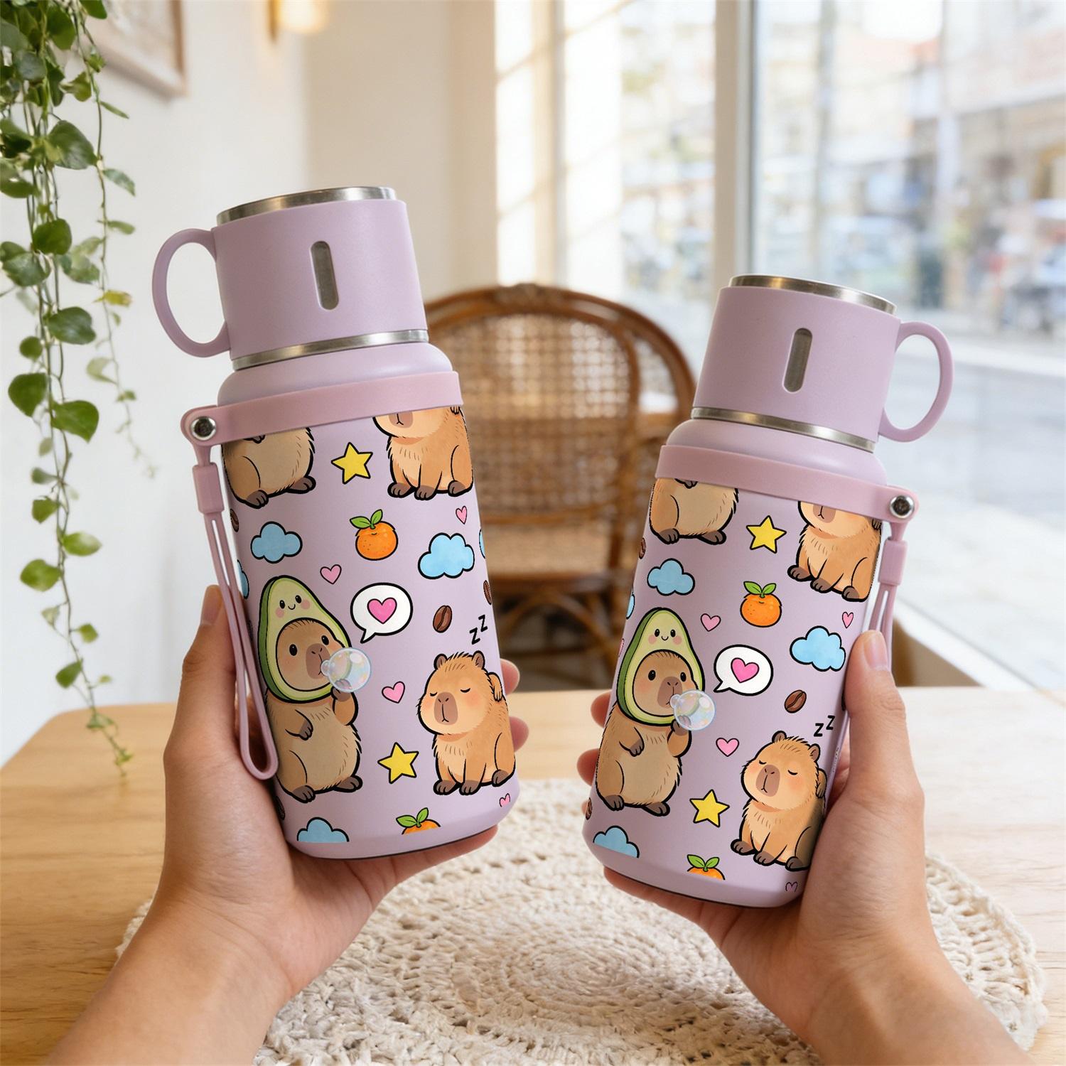 1PC, 20oz Insulated Stainless Steel Water Bottle, Vacuum Flask with Cup Lid That Doubles as Handle Cup, Double Wall Insulated Travel Mug, Cute Capybara Aesthetic Design, Portable for Outdoor Hiking Gym, School Office