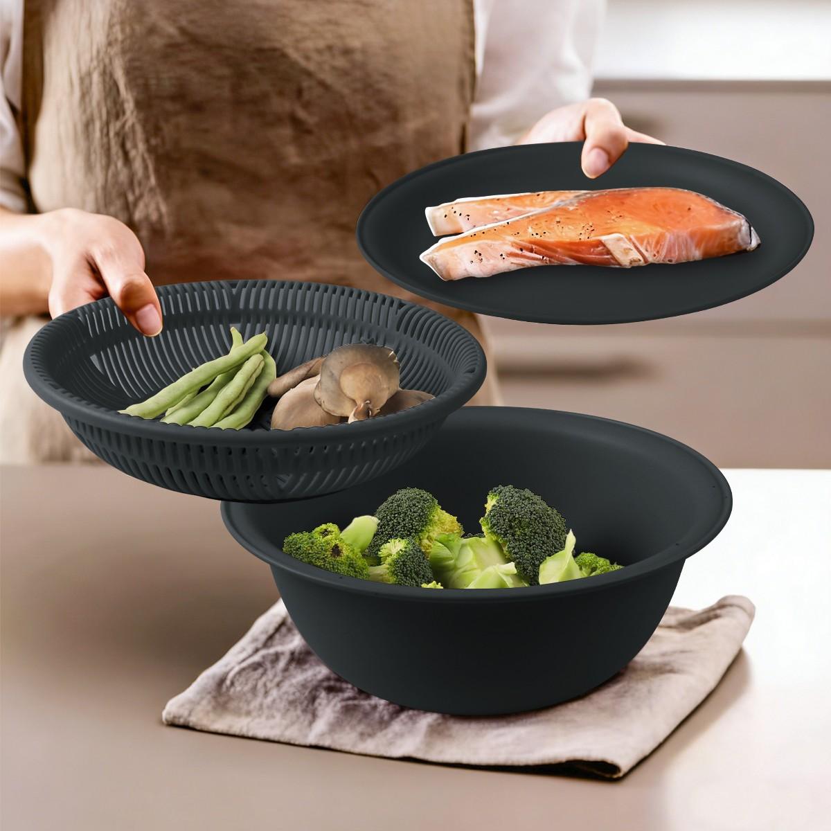 Microwave Compatible Three-Tier Kitchen Water Filter Basket, Professional Vegetable Fruit Washer, Multi-Functional Drain Bowl, Fast Water Filtration