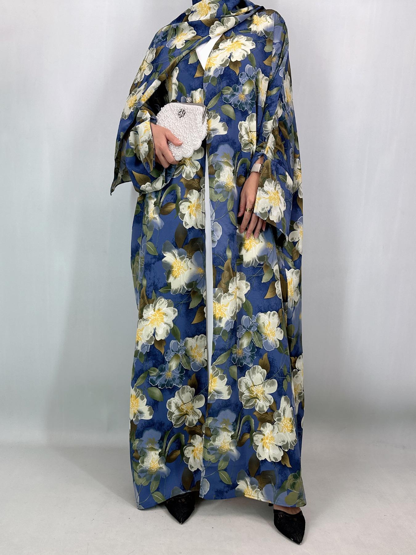 [Includes Hijab] Women's Art Print Batwing Sleeve Long Robe Set with Headscarf, Loose-Fitting Vacation Style Cardigan with Pockets, Fall & Winter Fashion Open Front Abaya