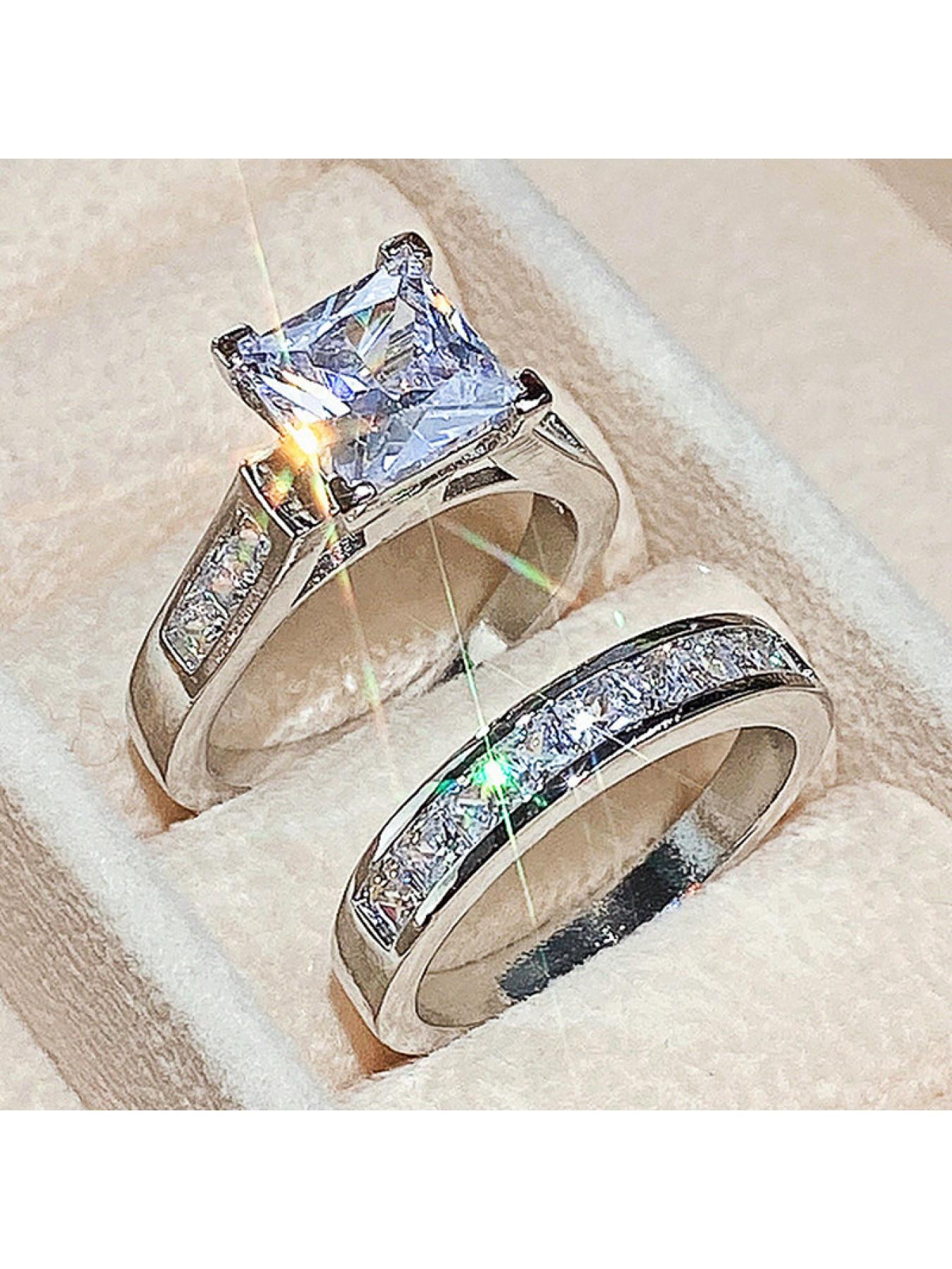 Princess round diamond couple ring - Engagement, proposal and wedding ring. Anniversary, birthday gift. Lightweight luxury full-diamond ring. Fashionable and versatile ring. High-end accessory.